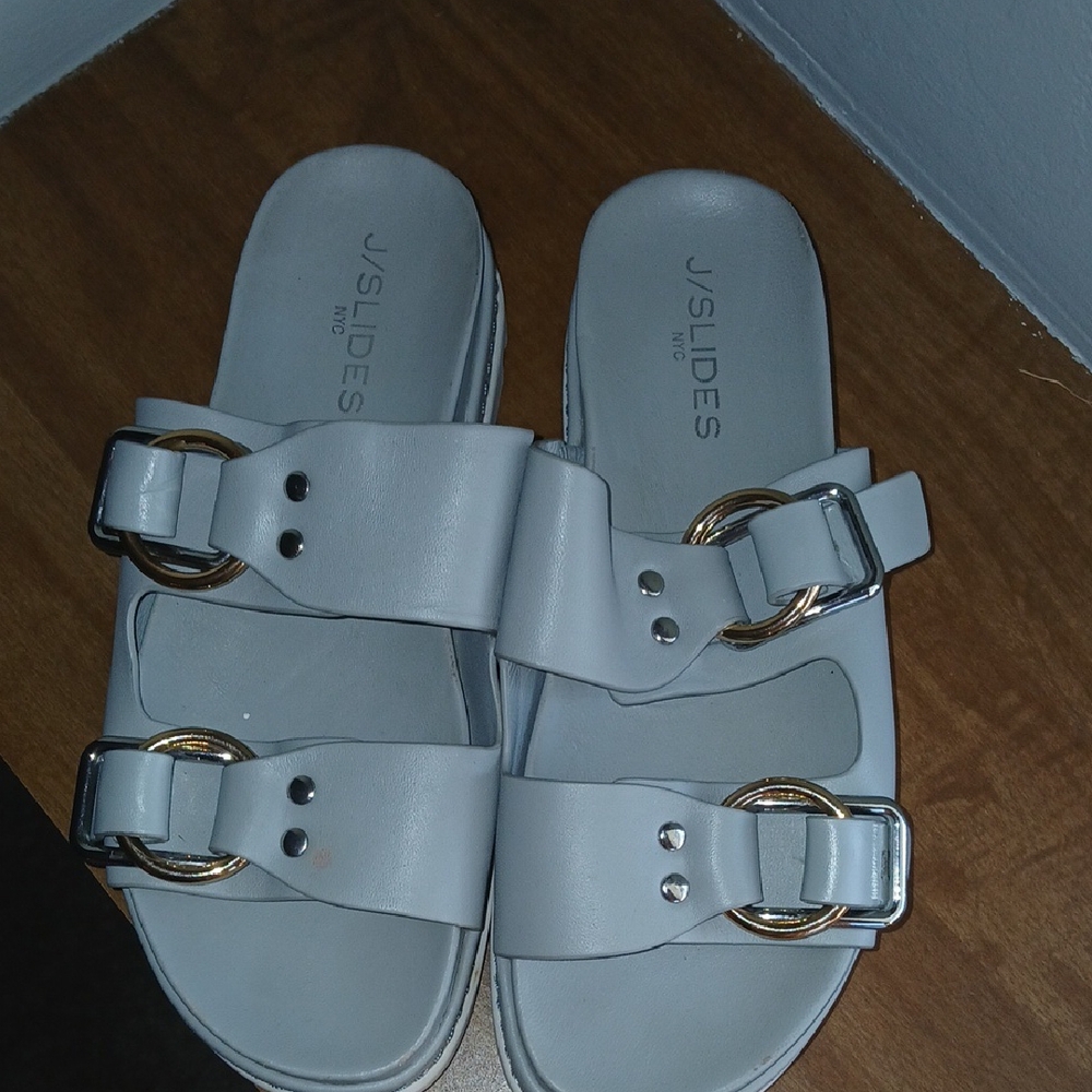 J/SLIDES Women's Silver Buckle Sandals